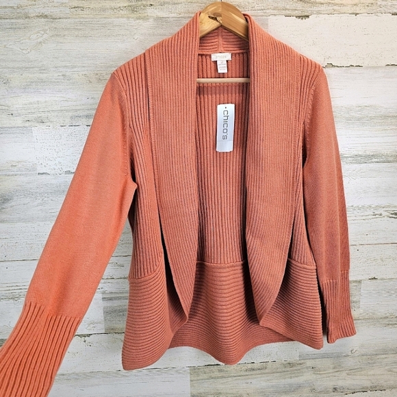 NWT Chico's Ribbed Cocoon Cardigan Agra Red Sz Large Coral Casual Cotton Preppy - Picture 5 of 16
